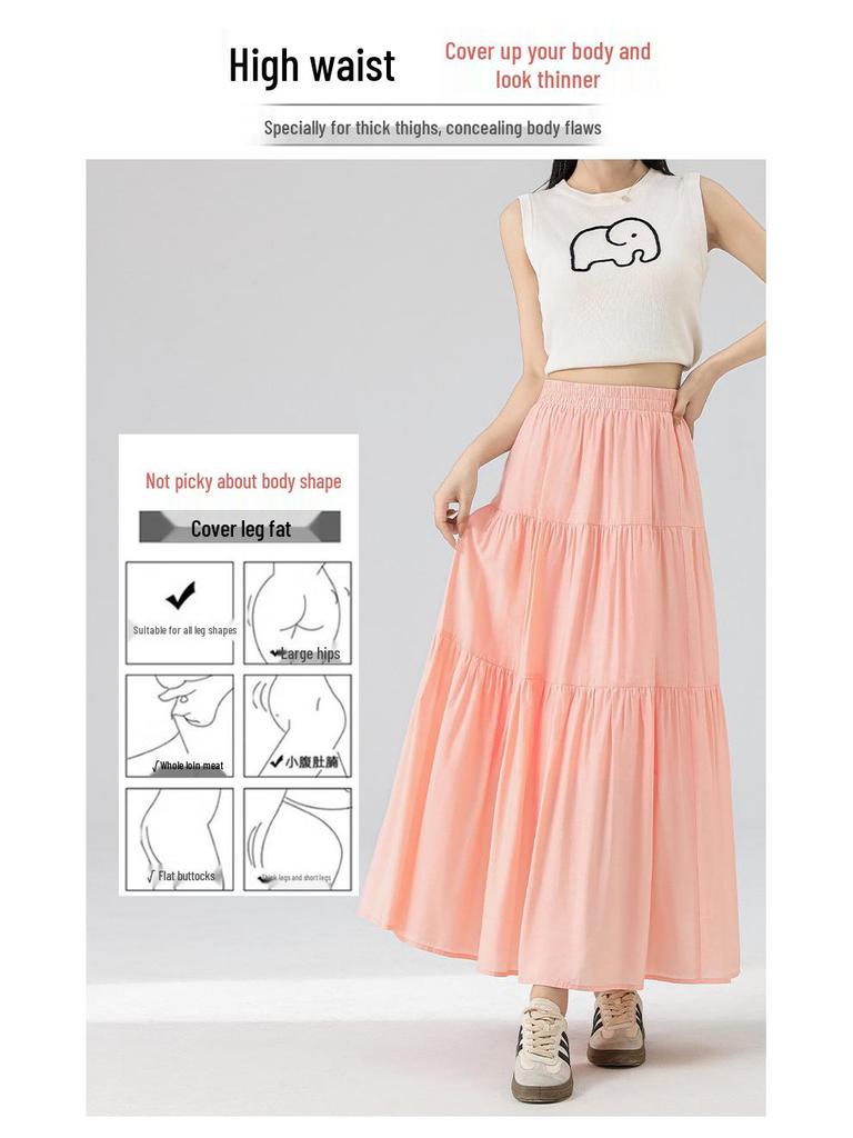 Summer 2025 Pink A-line Midi Skirt with Elastic Waist: Loose Fit, Slimming Design for Casual Wear.