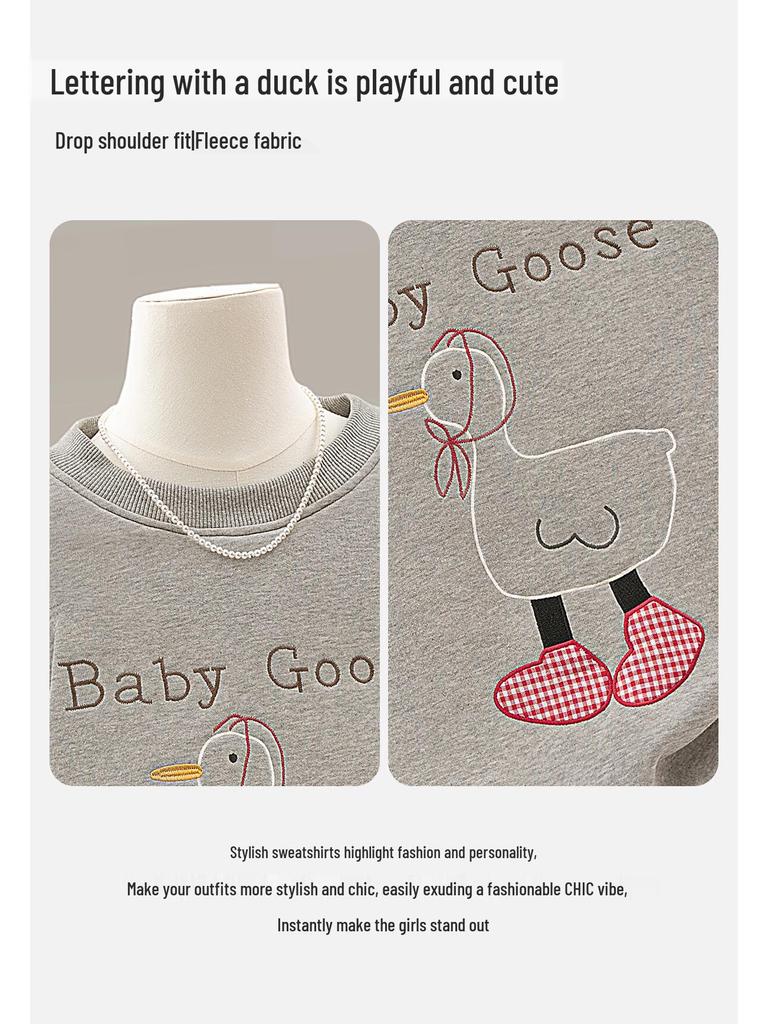 Damen Cartoon Ente Besticktes Fleece Sweatshirt