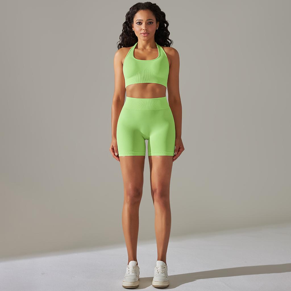 Seamless Knitted Back High Elasticity Sports Bra Yoga Set Running Fitness Shorts Two Piece Set For Women