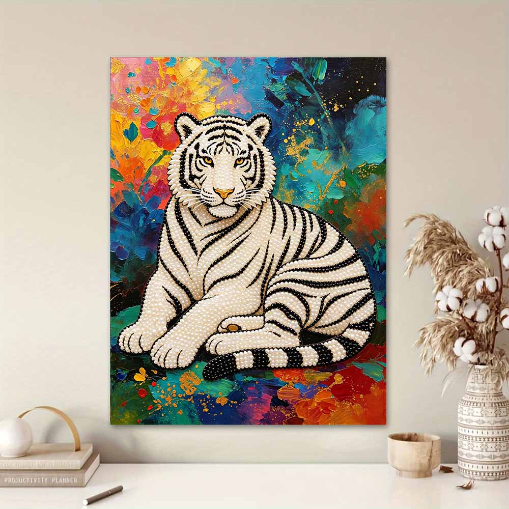 Shiny Pearl White Tiger DIY Painting Creative Bead Art Craft Household Wall Decoration Nice Present For Art Hobbyists Home Decor Wall Artwork Supplies