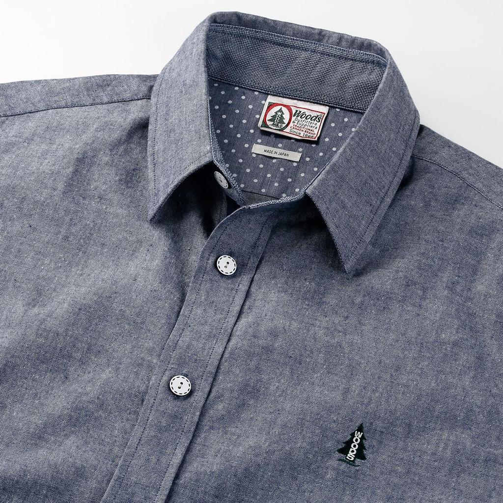 dungaree shirt for men [WOODS] Japanese-made short-sleeved (M, navy)