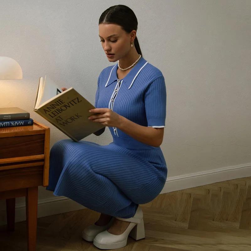 New Summer Women's Polo Knitted Dresses Colorblock Elegant Short Sleeve Buttons Bodycon Wrap Dress Female Dress