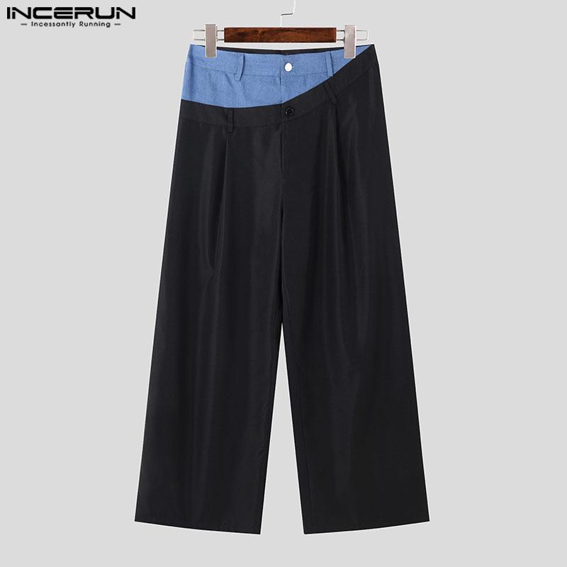INCERUN Men Patchwork Zip-up Waist Casual Long Straight Pants Trousers