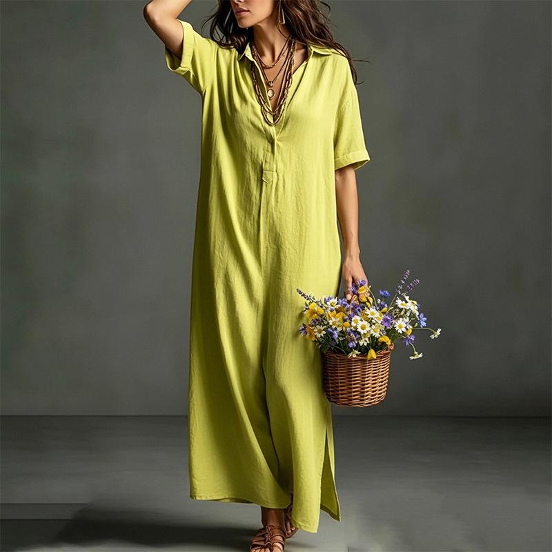 Summer Casual Solid Color Short Sleeve A Line Maxi Dress