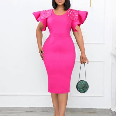 2024 Plus Size Damenkleid mit Perlenbesatz und Schlitz und Rüschenärmeln