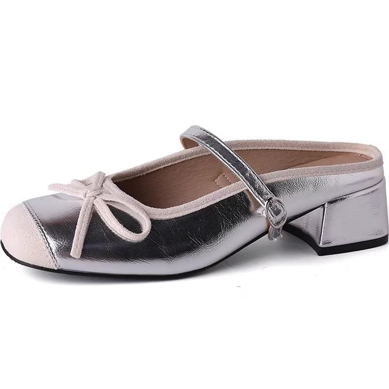 2025 Summer New Fairy Style Bow Ballet Shoes Women's Wear Silk and Satin Surface One Word with Bag Head Single Shoes