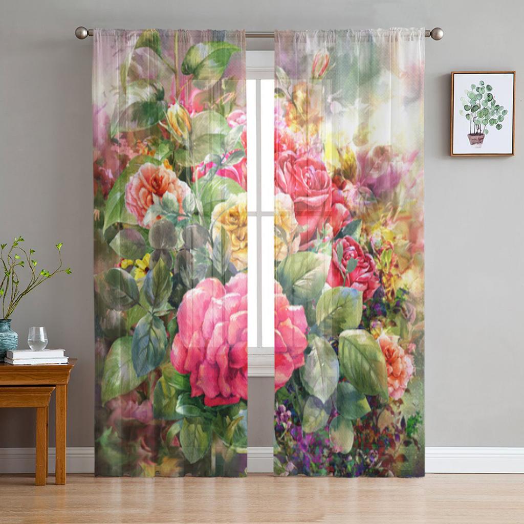 Bouquet Of Rose Watercolor Painting Style Tulle Curtains For Living Room Bedroom Christmas Chiffon Sheer Voile Kitchen Curtain