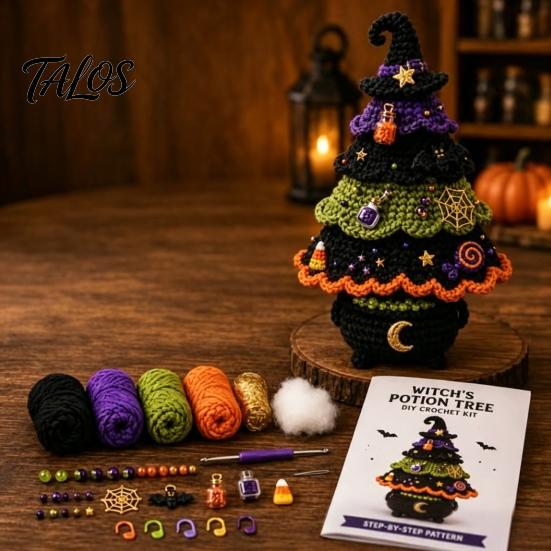 Handmade Yarn Projects Halloween Tree Crochet Kit, DIY Black Cat Pumpkin Witch Supplies with Tools Hat Ghost Crafting Kit for Holiday Home Decor, Gift