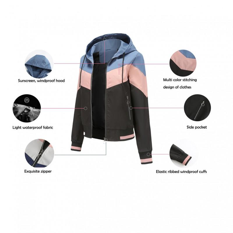 Womens Lightweight Hooded Windbreaker Jacket With Colorblock Design Drawstring Waist Outdoor Use