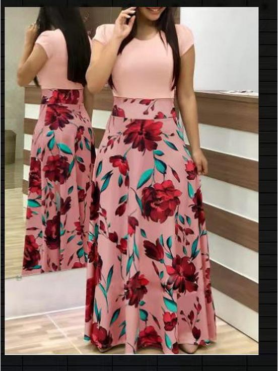 European & American Style Long Skirt with Digital Print, Color-Matched, Long/Short Sleeve Dress for Women
