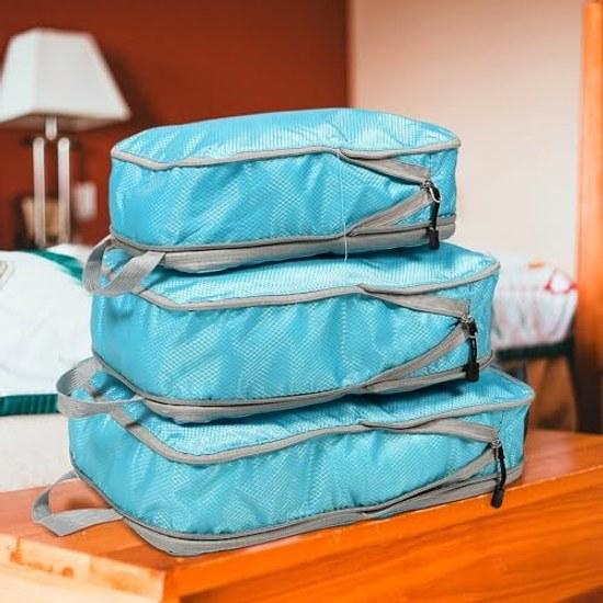 No-brand item 3 pieces made nylon material practical travel compression pouch convenient storage function organizing clothes cosmetics separately home