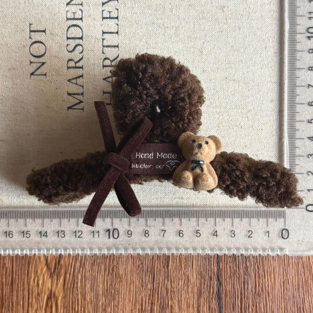 Coffee Color Bear Bowknot Plush Shark Hair Clip - Large, Versatile, Winter Design for Women