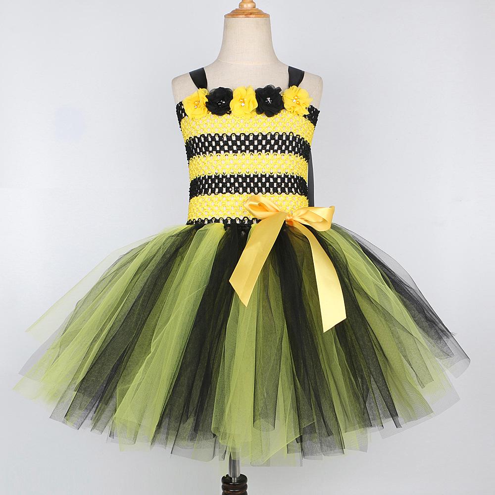 Set Costume Vestito da Principessa con Gonna Tutù in Rete Floreale e Api per Bambina