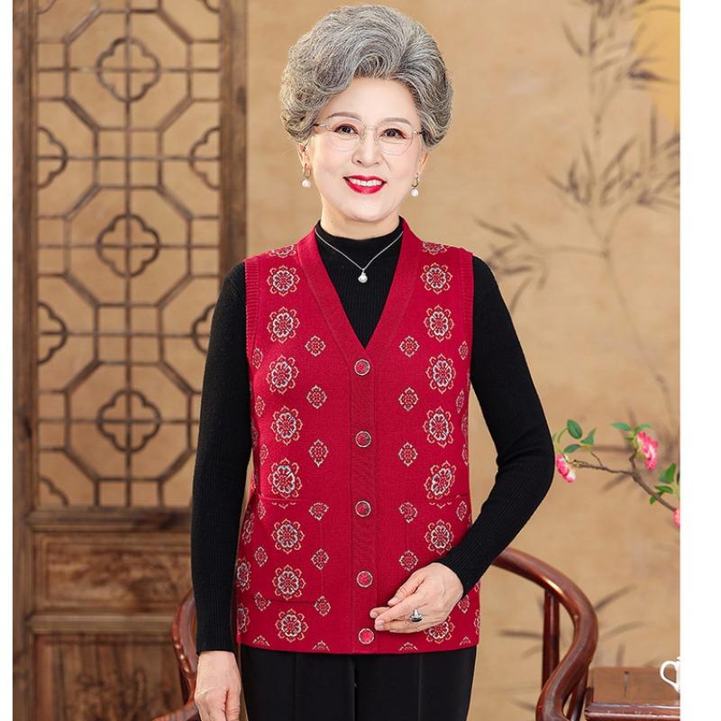 Old man spring and autumn winter clothes women's vest grandma wearing vest old lady knitted cardigan mother sweater vest