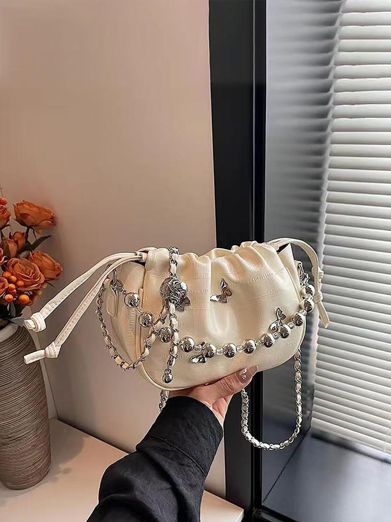 Silberfarbene geraffte Cloud Damen Umhänge-Schultertasche