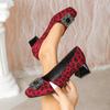Leopard Print Rhinestone High Heels - Square Toe, Chunky Heel, Plus Size 43, European & American Style