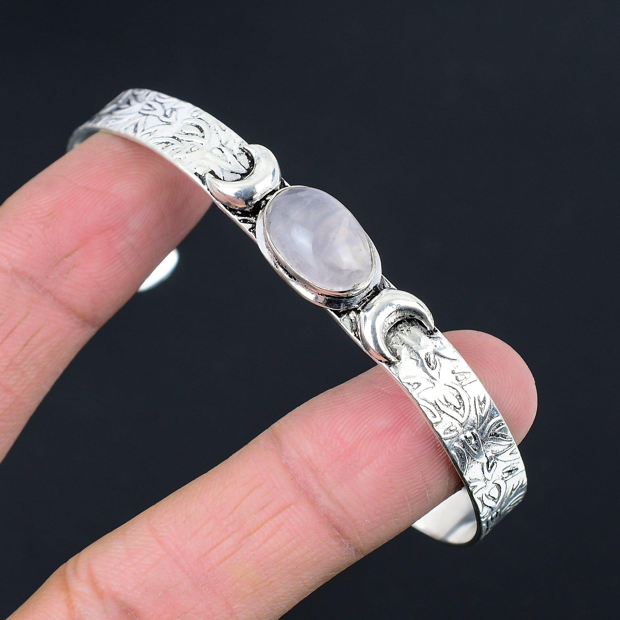 

Gift For Her Natural Rose Quartz Bangle Crescent Moon Adjustable 925 Silver Adjustable