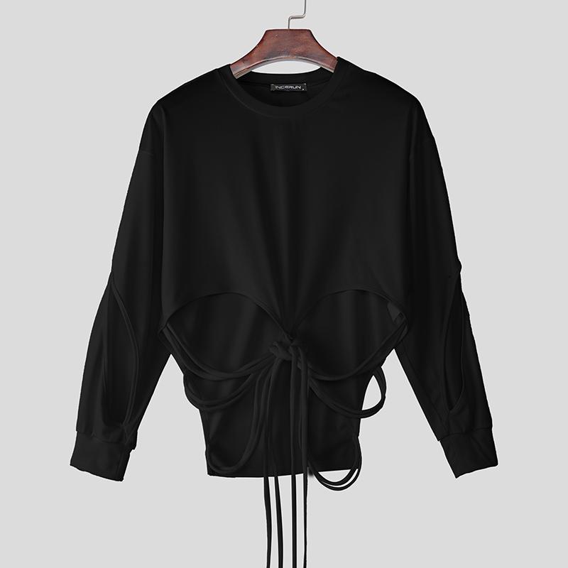 INCERUN Men Cutcut Long Sleeve Bandage Cropped Pullover Tops