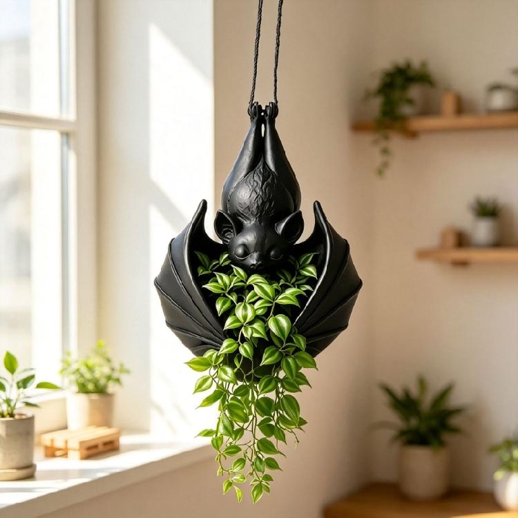 Black Flower Pot With Bat Form and Hanging Cord, Gothicism Bat Planter for Small Foliage, Trailing Foliage and Vertical Indoor Displays for Room Use