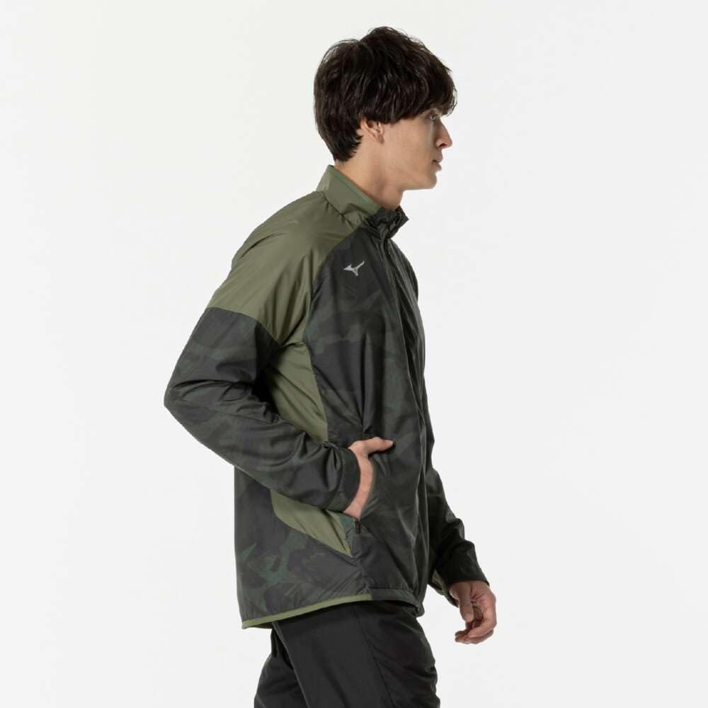 Mizuno Breath Thermo Warmer Training Dark Khaki Jacket, Moisture-Wicking, Heat-Generating, Water-Repellent, Windproof, Brushed, 32MEB541, Men's,