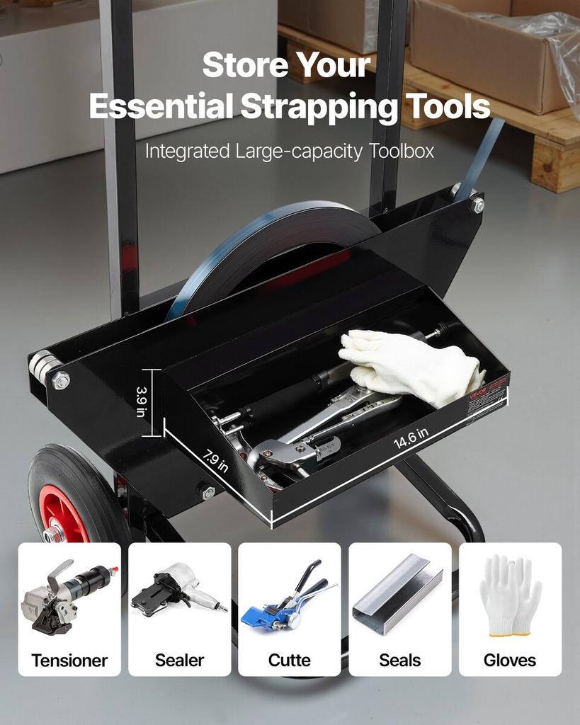 Banding Strapping Cart, Fit for Steel Strapping Coils with 600 mm Core Outer Size, Heavy Duty Strapping Dispenser with Rubber Wheels, Suitable for