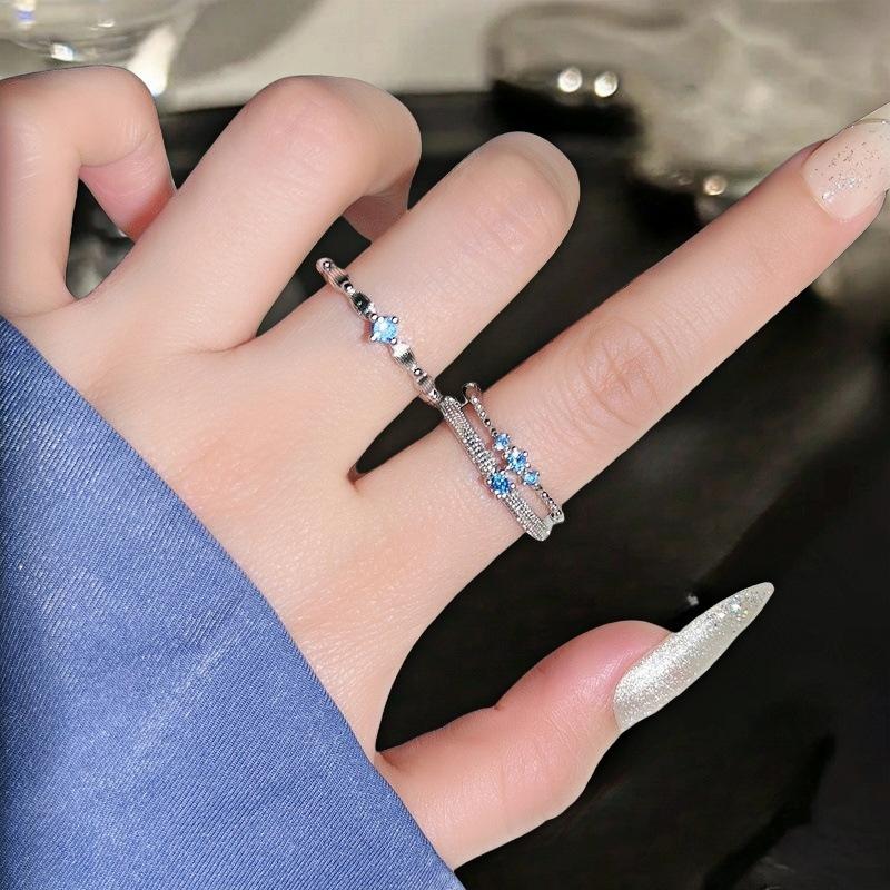 Single Diamond Sea Blue Zir*****Pen Ring Color Treasure Light Luxury Simple With Diamond Niche Design Fashion Ring Woman