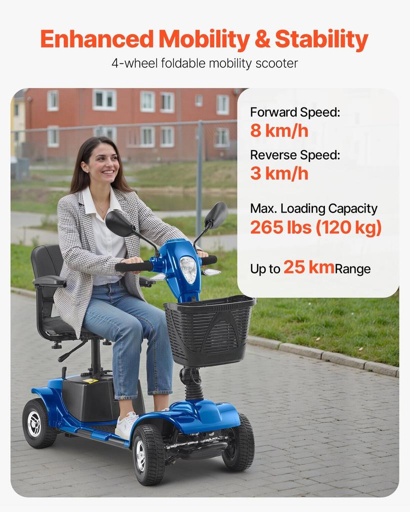 4-Wheel Folding Mobility Scooter for Adults & Seniors, Electric Mobility Scooter with 25KM Long Range, All Terrain Travel Wheelchair with Anti-slip