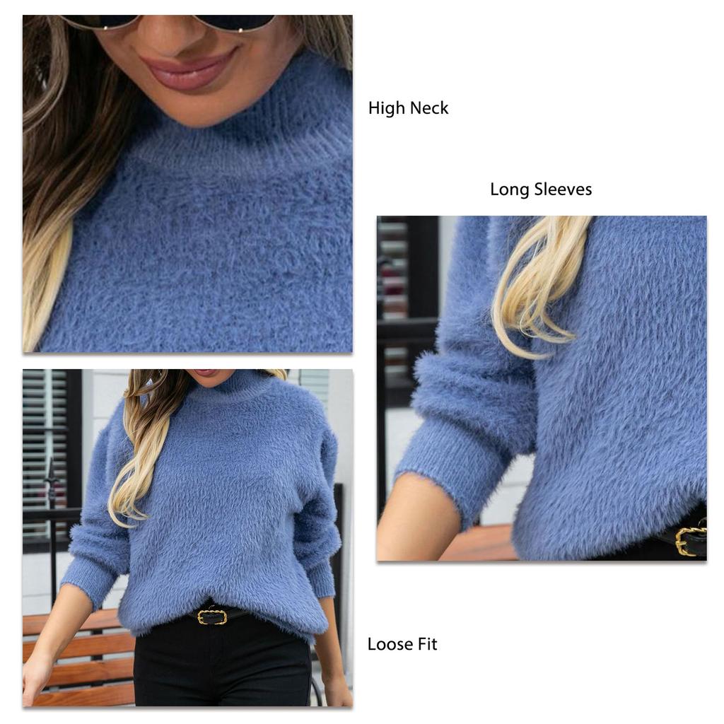Damen Pullover mit Stehkragen, langen Ärmeln, reine Farbe, flauschig, lockere Passform, Strickpullover, Strickwaren, Blau, S