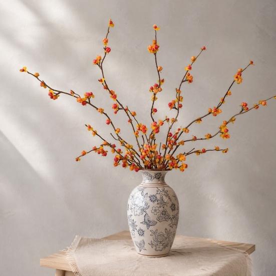 Realistic Imitation Berry Branches Long Artificial Bittersweet Branches, Fall Stems for Vase, Faux Plants Decorative Gold Green Leaves Thanksgiving