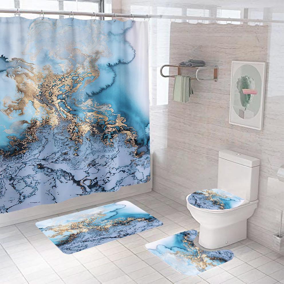 Bathroom Shower Curtain Four-piece Digital Printing Marble Waterproof Shower Curtain Toilet Partition Curtain Bath Mat