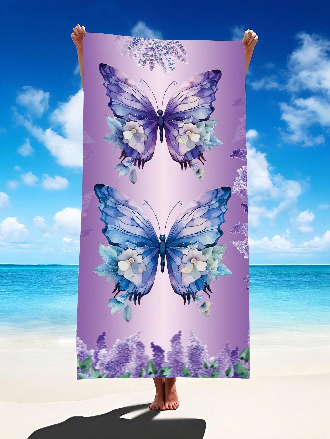 Ka Chen Muda White Butterfly Pattern Printed Beach Towel, Anti Sand Super Absorbent Quick Drying Towel