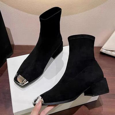 Damen Schneestiefeletten mit eckiger Zehenpartie, mittleren Absätzen, Chelsea-Boots aus Wildleder, klobige Designer-Winterschuhe 2024 Trend, Walking Botas De Mujer