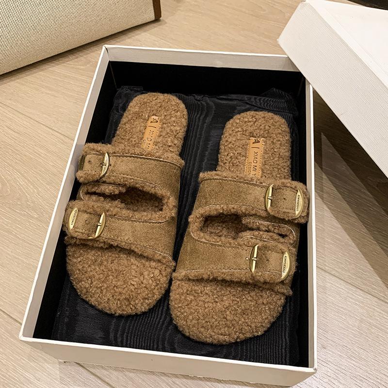 

2025 autumn new open-toed double one-word with metal buckle Mao Mao shoes flat-soled fashionable versatile soft-soled women s slippers women 40 темно-коричневого