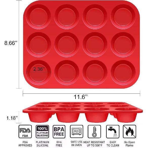 12 Cups Silicone Muffin Pan, 2 Pack Non-Stick Cupcake Pans Silicone Muffin Tray Baking Pan for Making Muffin Cakes, Cupcake, Bread, Tart, Egg Bites