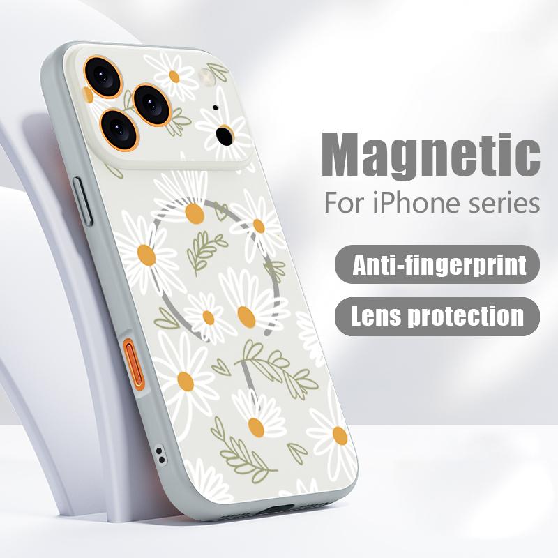 Cartoon Floral Pattern Case For iPhone 17 Pro Max Funda iPhone 16 15 14 13 Pro Max Magnetic For Magsafe Hybrid Slim Matte Cover Daisies Peach Blossom