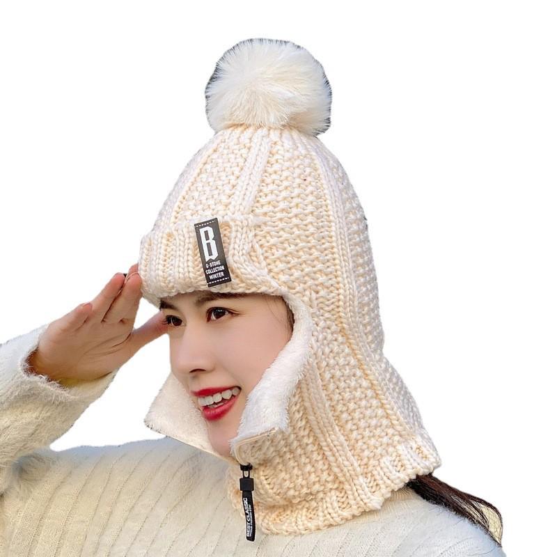 Women's Korean Style Velvet-Lined Knit Pullover Hat with Ear Protection and Zippered Neck Warmer for Winter Cycling