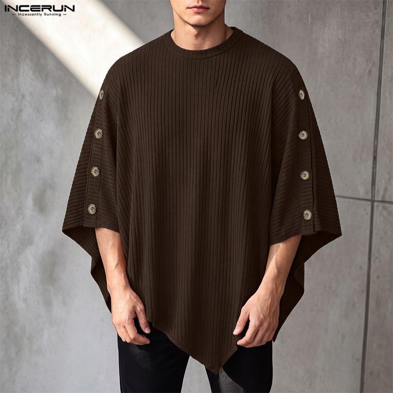 INCERUN Men Ribbed Knit Poncho Tops Side Button Batwing Sleeve Loose Casual Pullovers