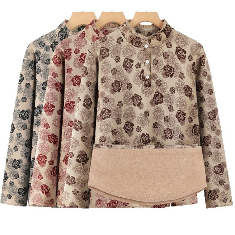 Autumn and Winter Long-sleeved Floral Bottoming Shirt Fashionable Large Size Medium-sized Elderly Lace Collar Velvet Clothes