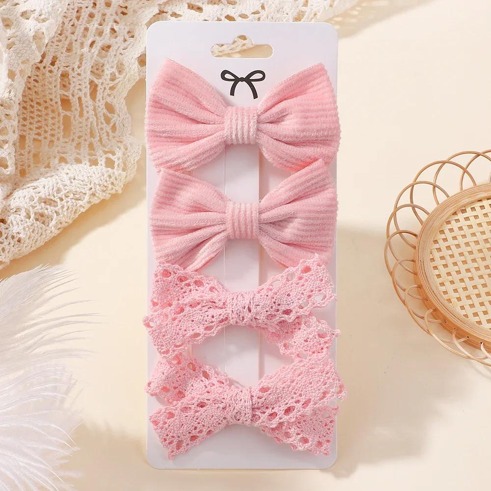 4PCS/Set Solid Color Lace Hair Bows Clips for Girls Lovely Handmade Bowknot Barrettes Hairpins Headwear Kids Hair Accessories