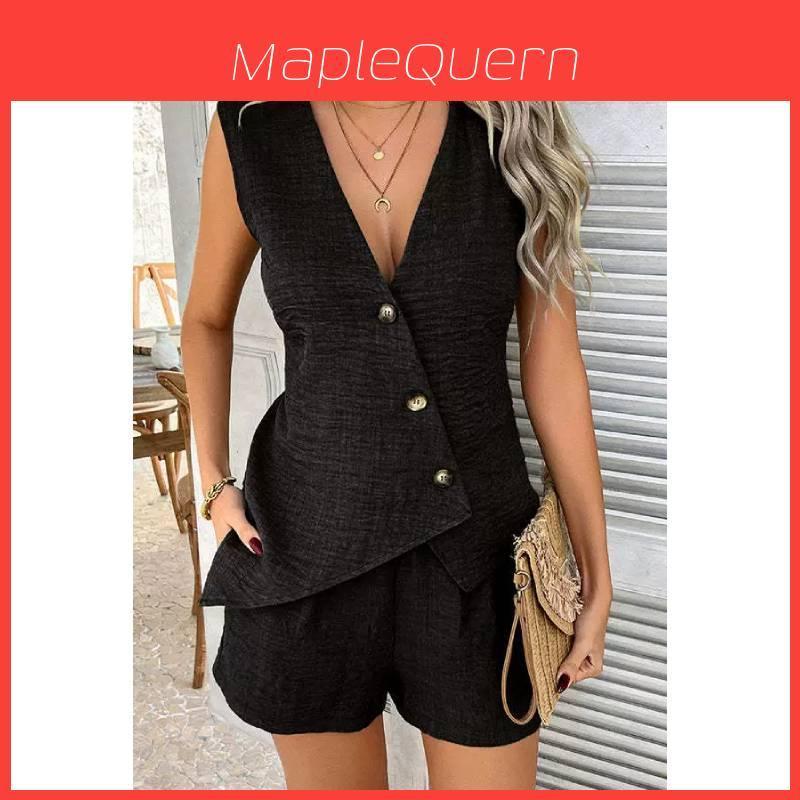 Fashion Summer Womens Casual Sets With Polyester Blend Button Plaid Blouse And Shorts For Street Style