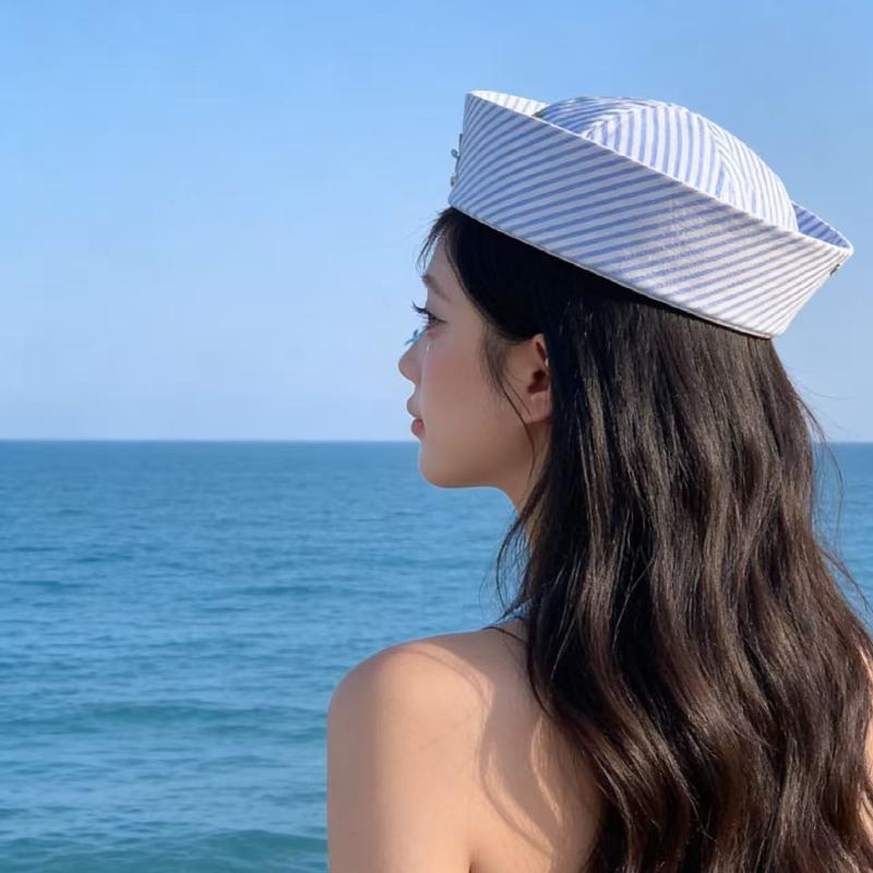 1pc Fashionable Striped Sailor Hat Versatile Breathable Korean Style Ins Flip Cuff Octagonal Beret Hats Sunscreen UV Protection