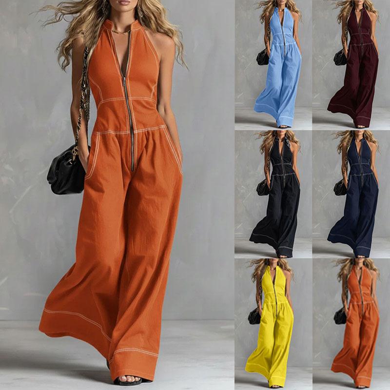 Women's Halter Neck Sleeveless Loose Wide Leg Jumpsuit Mid Rise Casual Long Jumpsuit