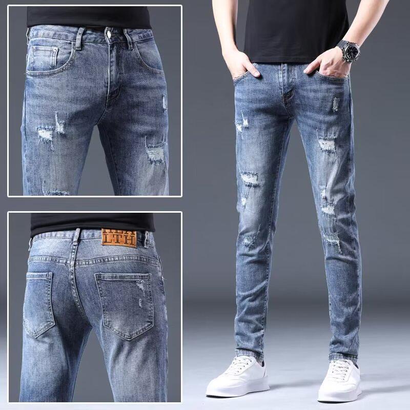 

«Модные мужские рваные джинсы Slim-Fit 2024 года на весну и осень» 32 синий