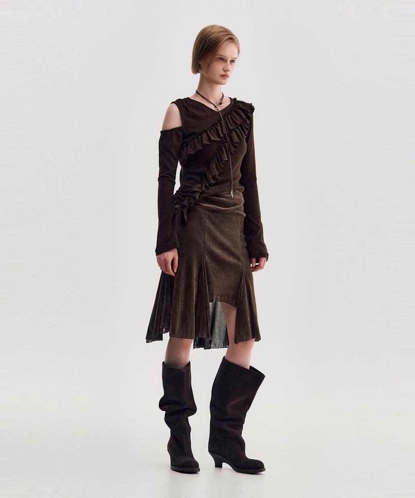 Kimjisu Velvet Jersey Gored Skirt _ Brown