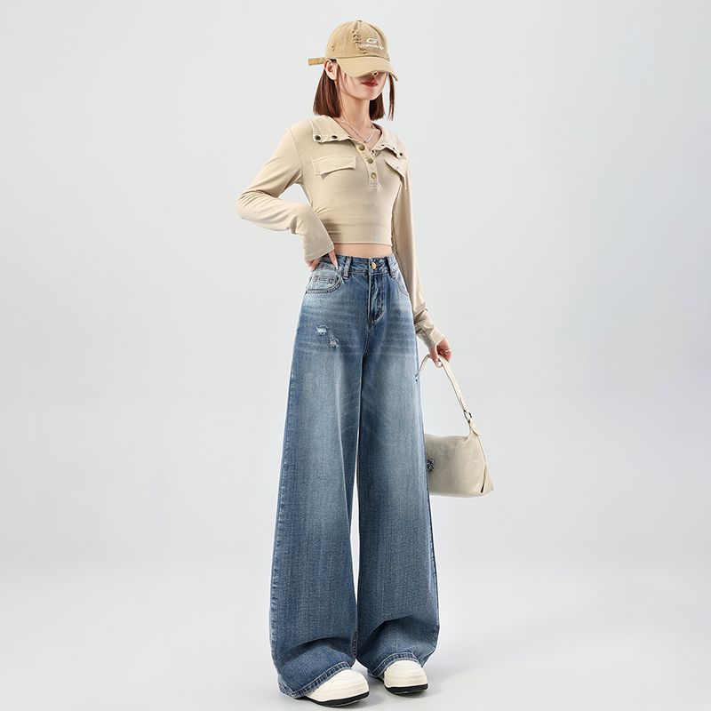 Spring Summer Vintage Blue Ripped Relaxed Straight Wide Leg Trendy Denim Pants Ladies Casual Pants Oversize Denim Trousers