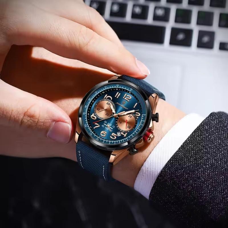 POEDAGAR Luxusní pánské hodinky Quartz Nylonový kožený řemínek Náramkové hodinky Vodotěsné Svítící Chronograf Datum Hodinky Reloj+krabička