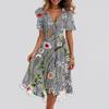 Women's Fashion Casual V Neck Short Sleeve Ruffled Vintage Printed Dresses