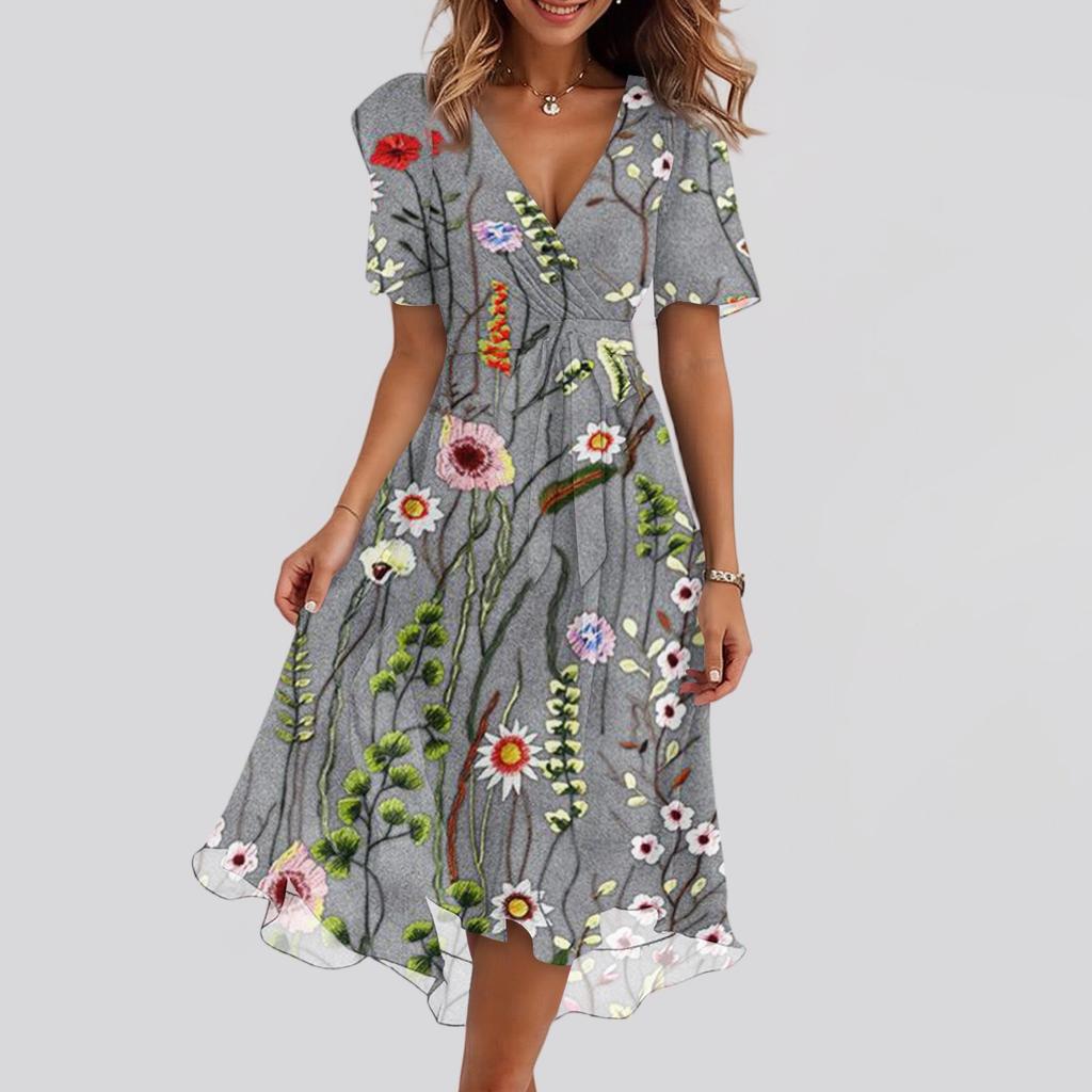 Women's Fashion Casual V Neck Short Sleeve Ruffled Vintage Printed Dresses