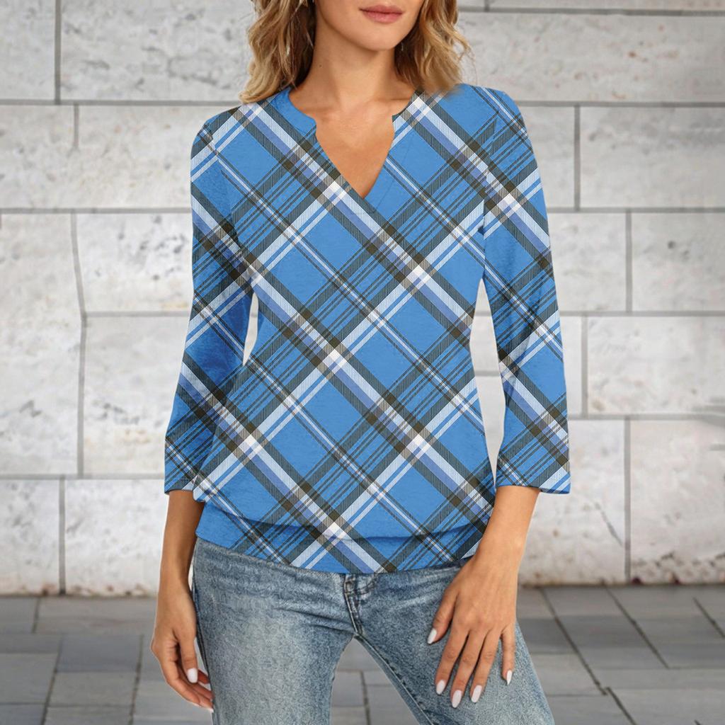 Damen 3/4 Ärmel Oberteil Saum V-Ausschnitt Sommer Lässig Hemd Kariert Bedrucktes Oberteil