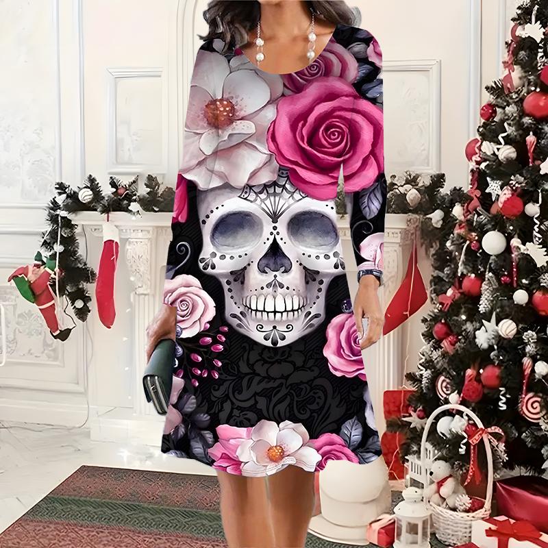 

2025 Осень и Зима Новое Повседневное Женское Платье с Круглым Вырезом 3D Хэллоуинский Узор Идеальный Подарок на Хэллоуин Рождество 8XL розовый